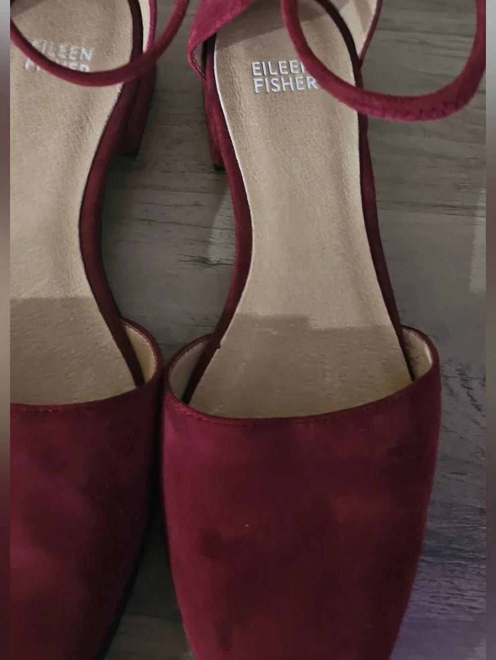 Eileen Fisher Hutton Suede Ankle Strap Flat deep red burgundy 8
